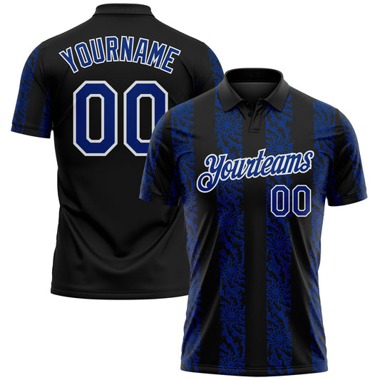 Custom Black Royal-White Abstract Floral Stripe Tribal Performance Polo Shirt