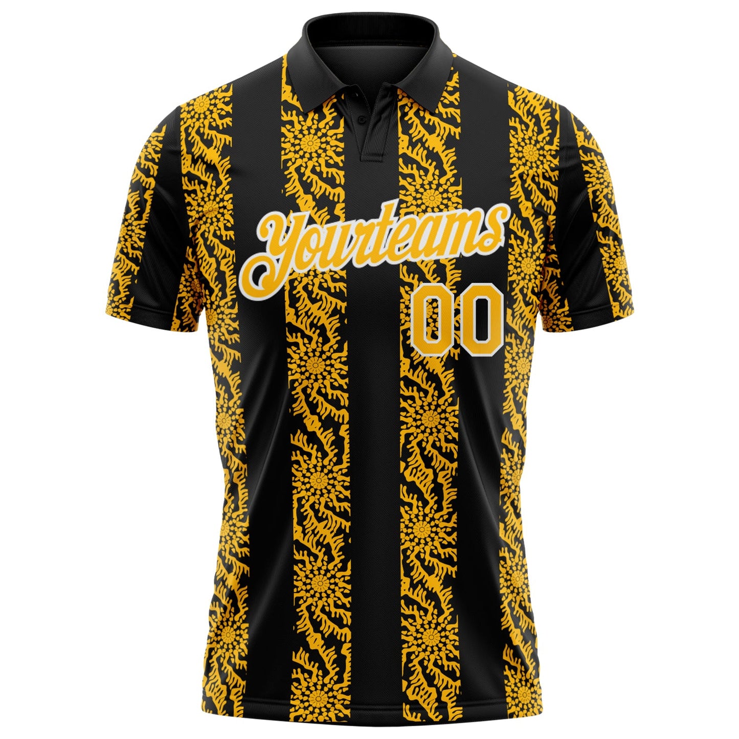 Custom Black Gold-White Abstract Floral Stripe Tribal Performance Polo Shirt