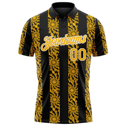 Custom Black Gold-White Abstract Floral Stripe Tribal Performance Polo Shirt