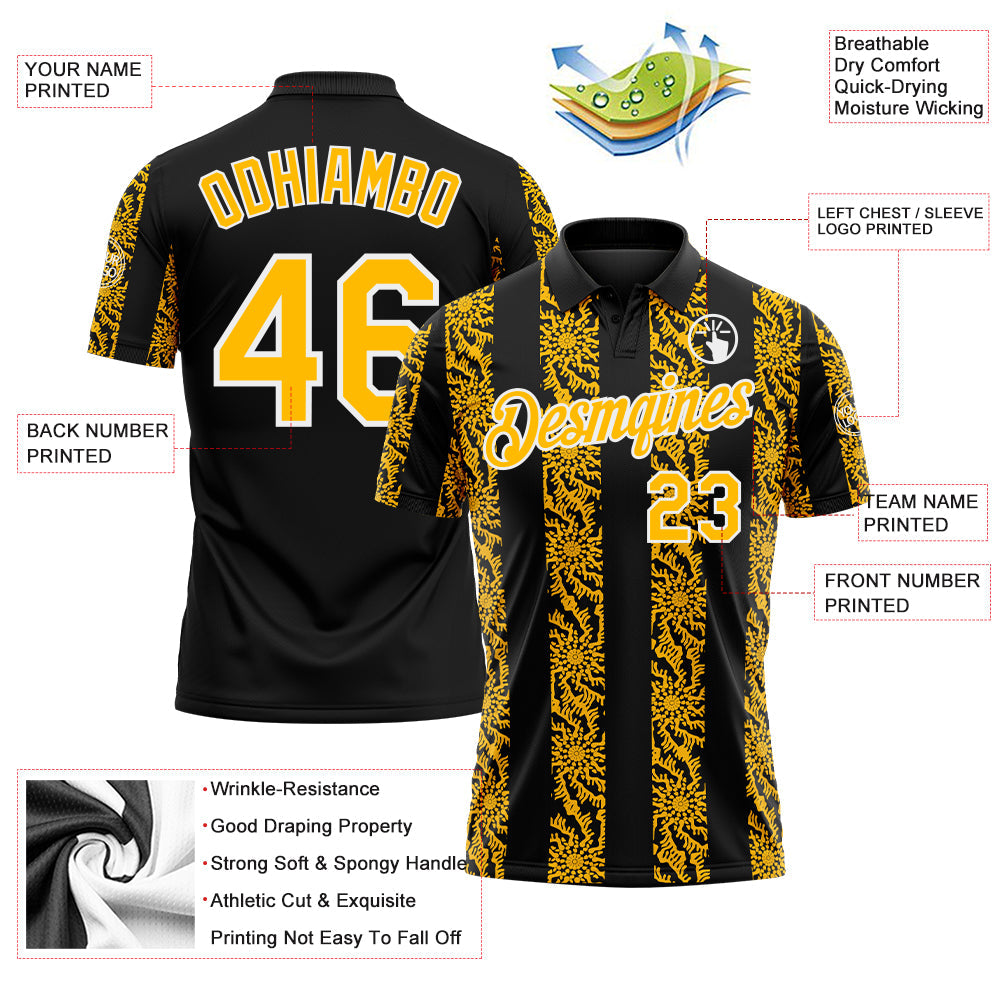 Custom Black Gold-White Abstract Floral Stripe Tribal Performance Polo Shirt