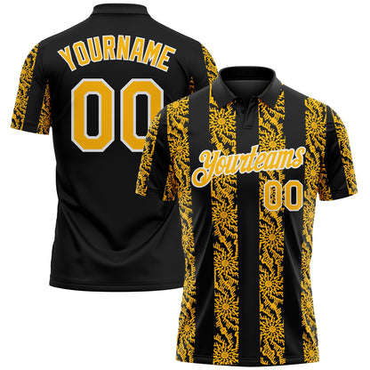 Custom Black Gold-White Abstract Floral Stripe Tribal Performance Polo Shirt