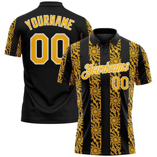 Custom Black Gold-White Abstract Floral Stripe Tribal Performance Polo Shirt