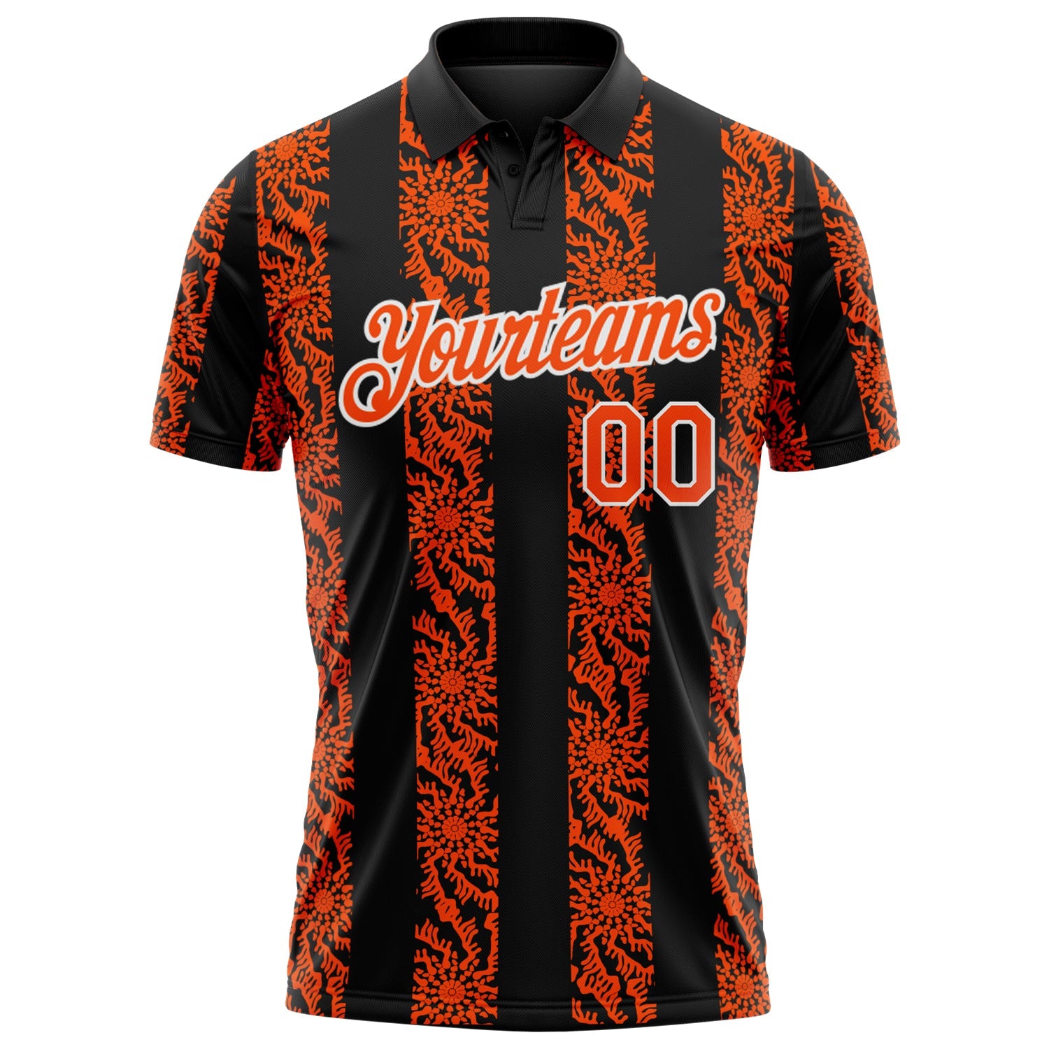Custom Black Orange-White Abstract Floral Stripe Tribal Performance Polo Shirt