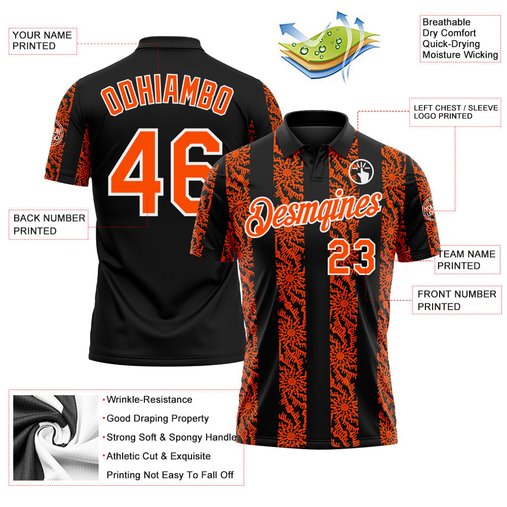 Custom Black Orange-White Abstract Floral Stripe Tribal Performance Polo Shirt
