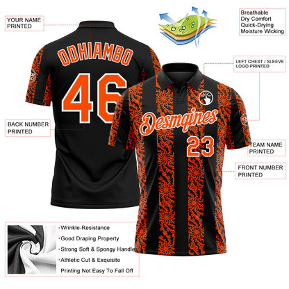 Custom Black Orange-White Abstract Floral Stripe Tribal Performance Polo Shirt