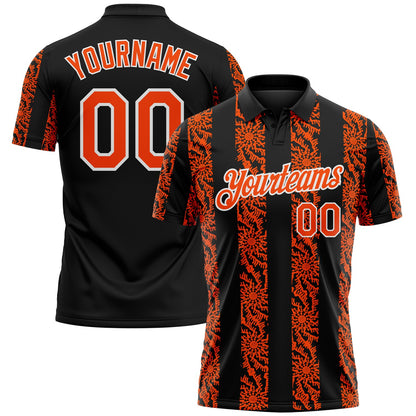 Custom Black Orange-White Abstract Floral Stripe Tribal Performance Polo Shirt