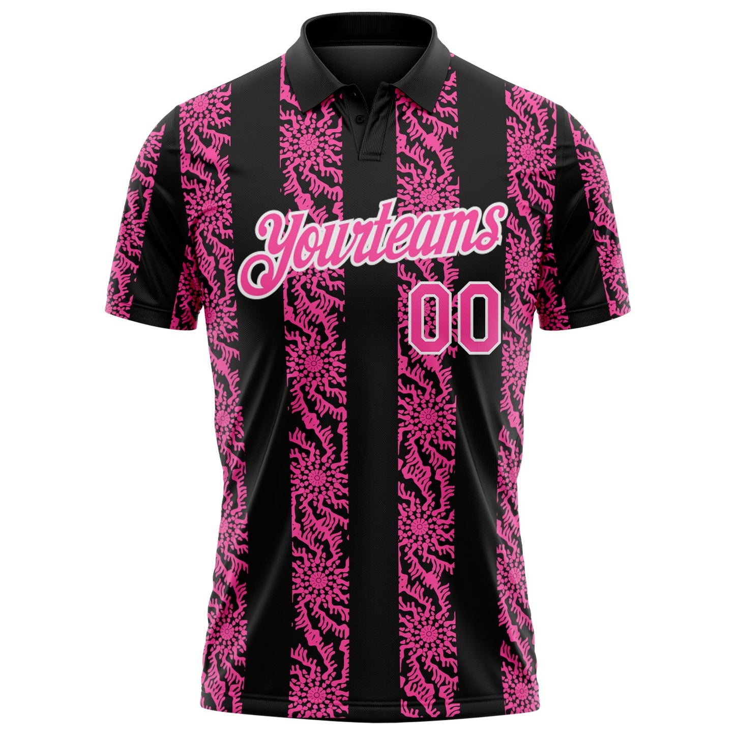 Custom Black Pink-White Abstract Floral Stripe Tribal Performance Polo Shirt
