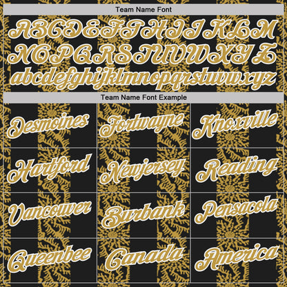 Custom Black Old Gold-White Abstract Floral Stripe Tribal Performance Polo Shirt