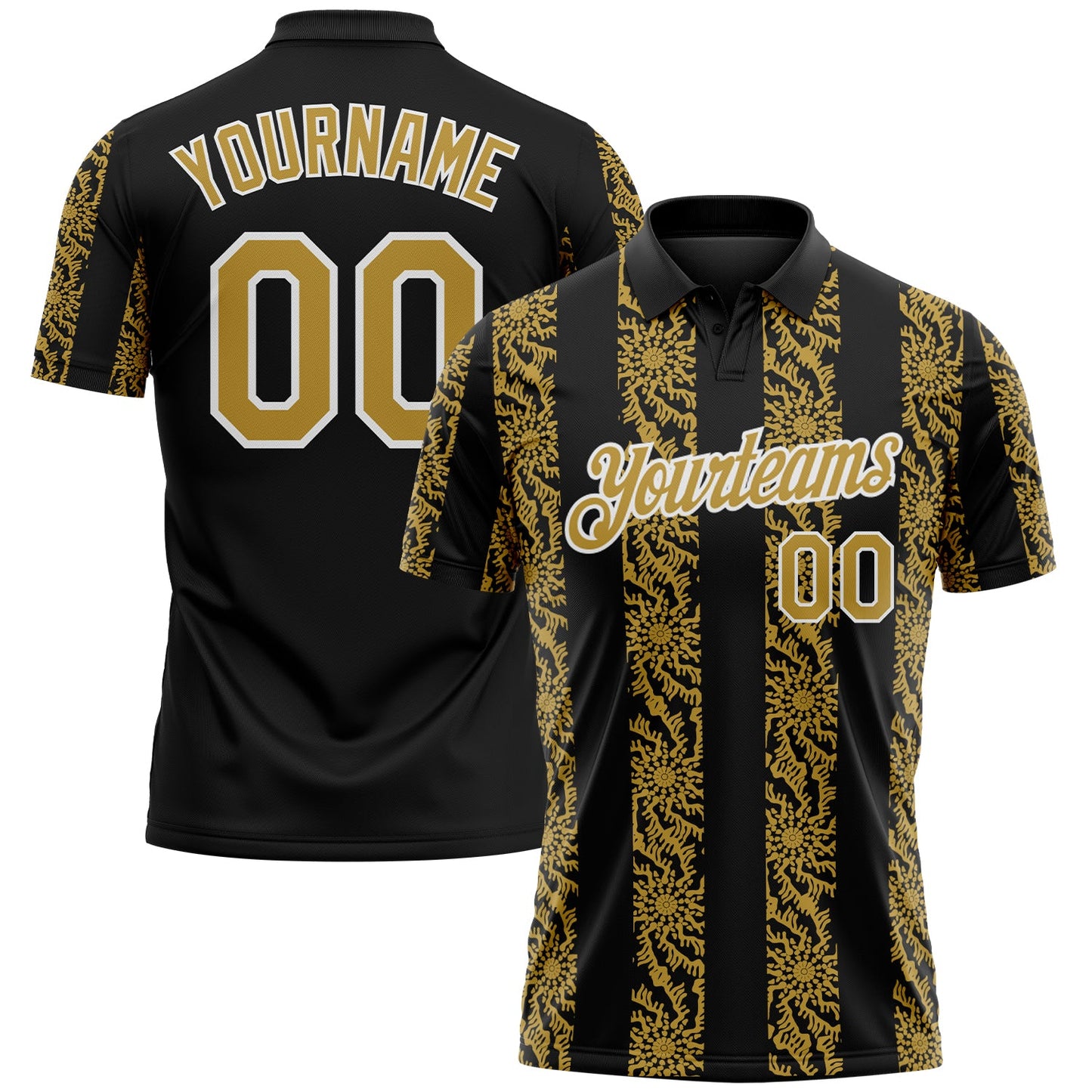 Custom Black Old Gold-White Abstract Floral Stripe Tribal Performance Polo Shirt