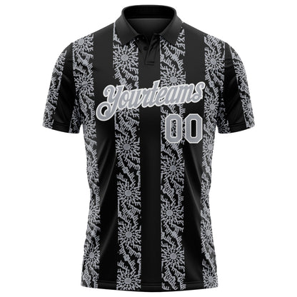 Custom Black Gray-White Abstract Floral Stripe Tribal Performance Polo Shirt
