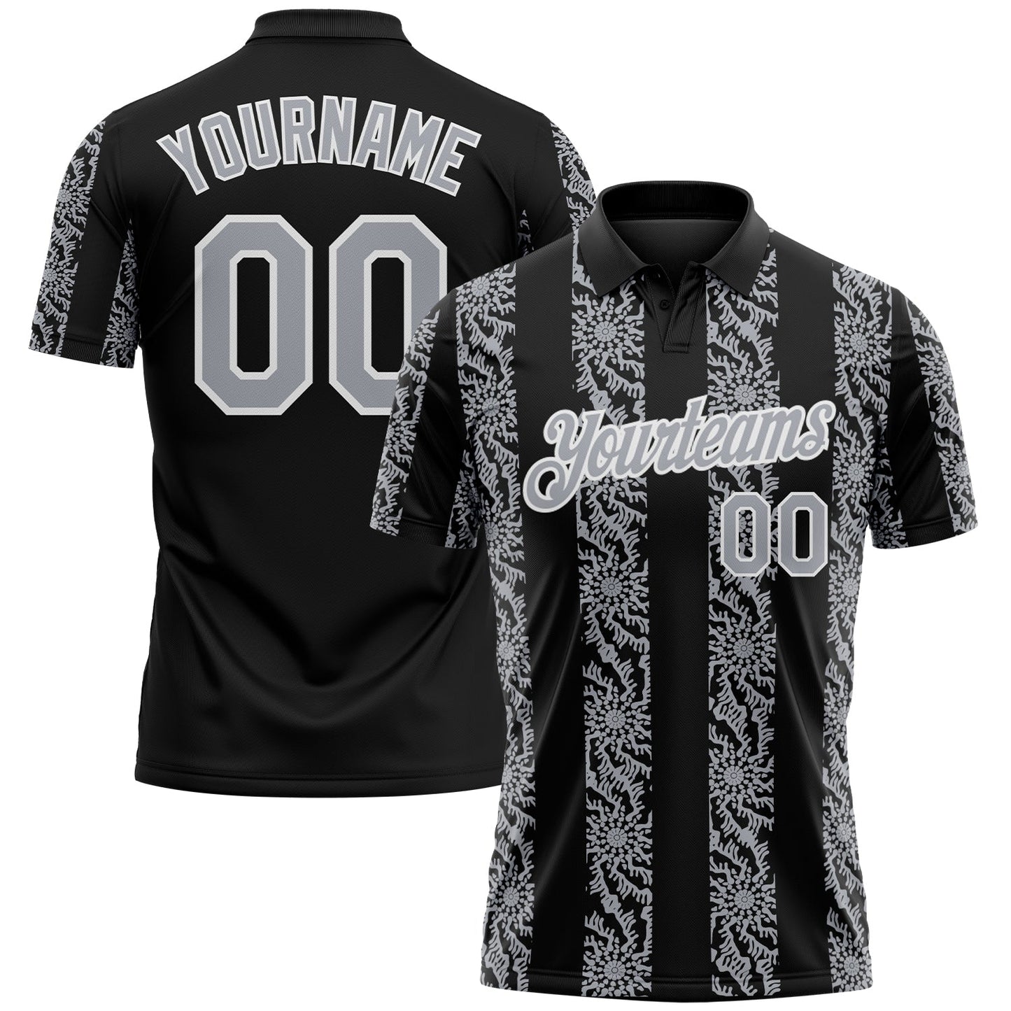 Custom Black Gray-White Abstract Floral Stripe Tribal Performance Polo Shirt
