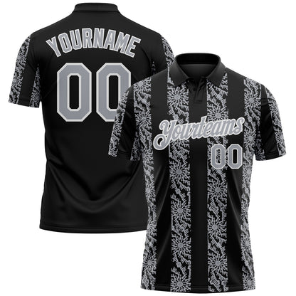 Custom Black Gray-White Abstract Floral Stripe Tribal Performance Polo Shirt