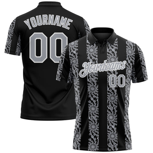 Custom Black Gray-White Abstract Floral Stripe Tribal Performance Polo Shirt