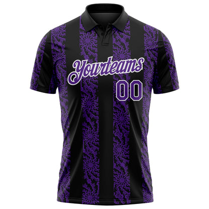 Custom Black Purple-White Abstract Floral Stripe Tribal Performance Polo Shirt