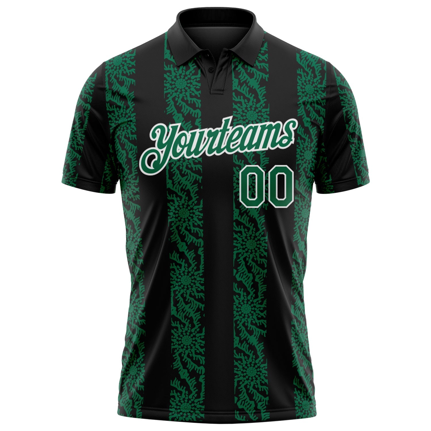 Custom Black Kelly Green-White Abstract Floral Stripe Tribal Performance Polo Shirt