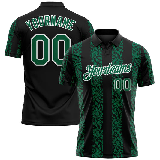 Custom Black Kelly Green-White Abstract Floral Stripe Tribal Performance Polo Shirt