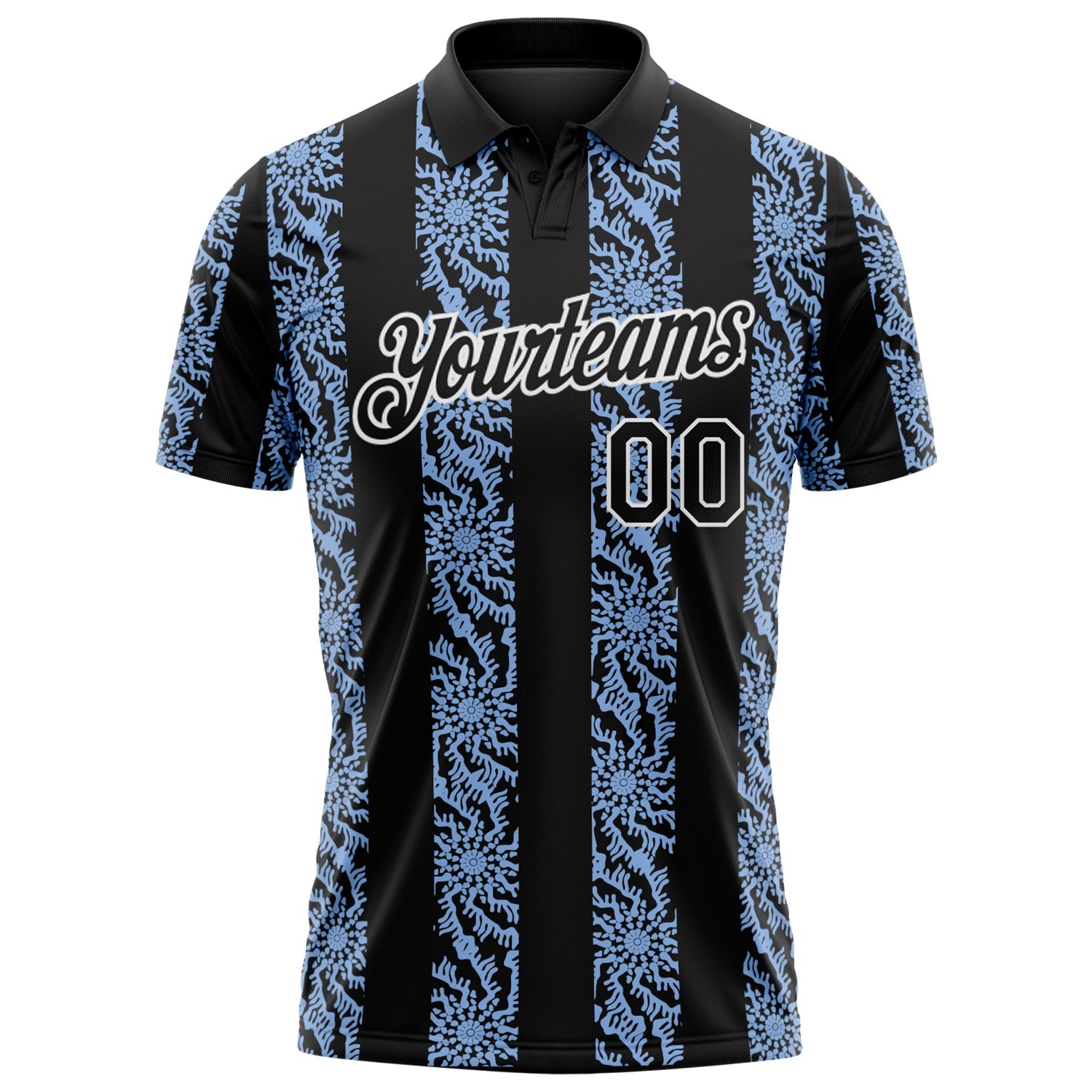 Custom Black Light Blue-White Abstract Floral Stripe Tribal Performance Polo Shirt