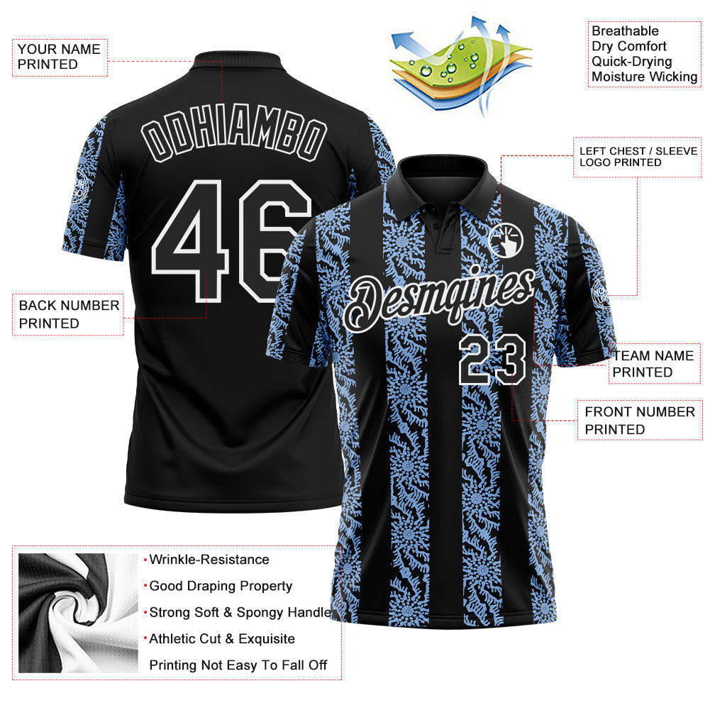Custom Black Light Blue-White Abstract Floral Stripe Tribal Performance Polo Shirt