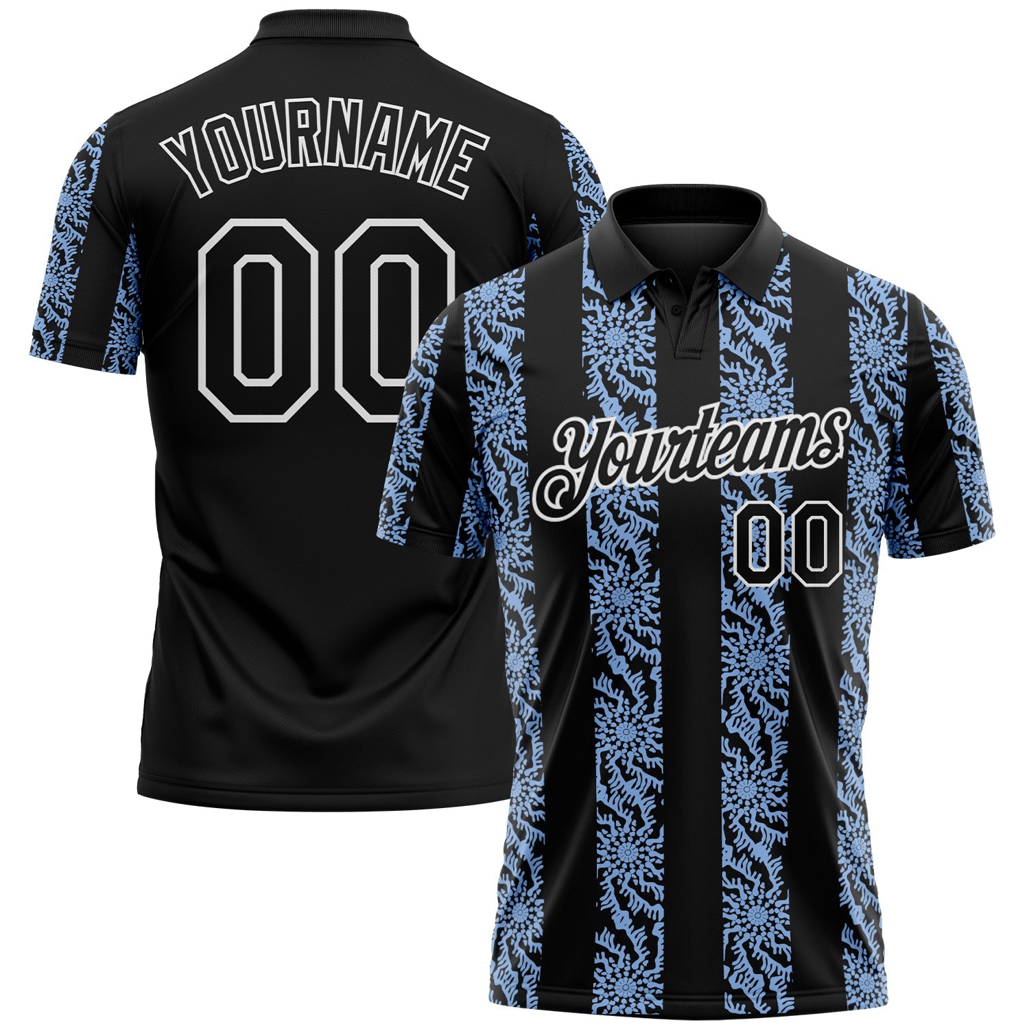 Custom Black Light Blue-White Abstract Floral Stripe Tribal Performance Polo Shirt