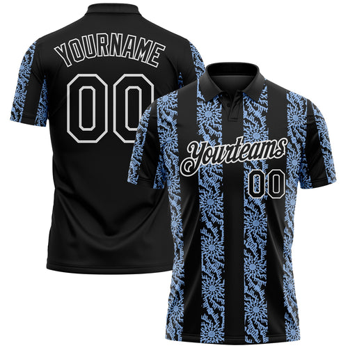 Custom Black Light Blue-White Abstract Floral Stripe Tribal Performance Polo Shirt