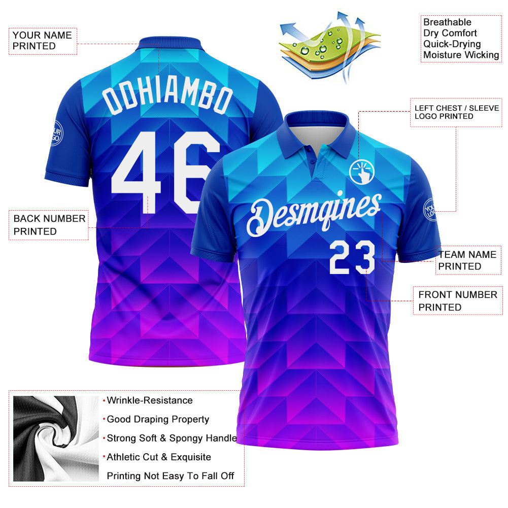 Custom Blue White Pink-Royal Gradient Geometric Shape Performance Polo Shirt