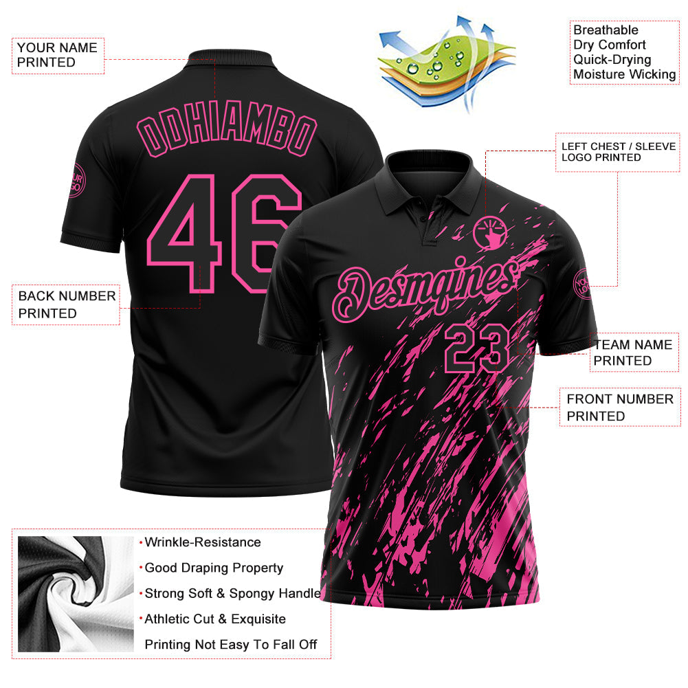 Custom Black-Pink Paint Stroke Grunge Streak Performance Polo Shirt