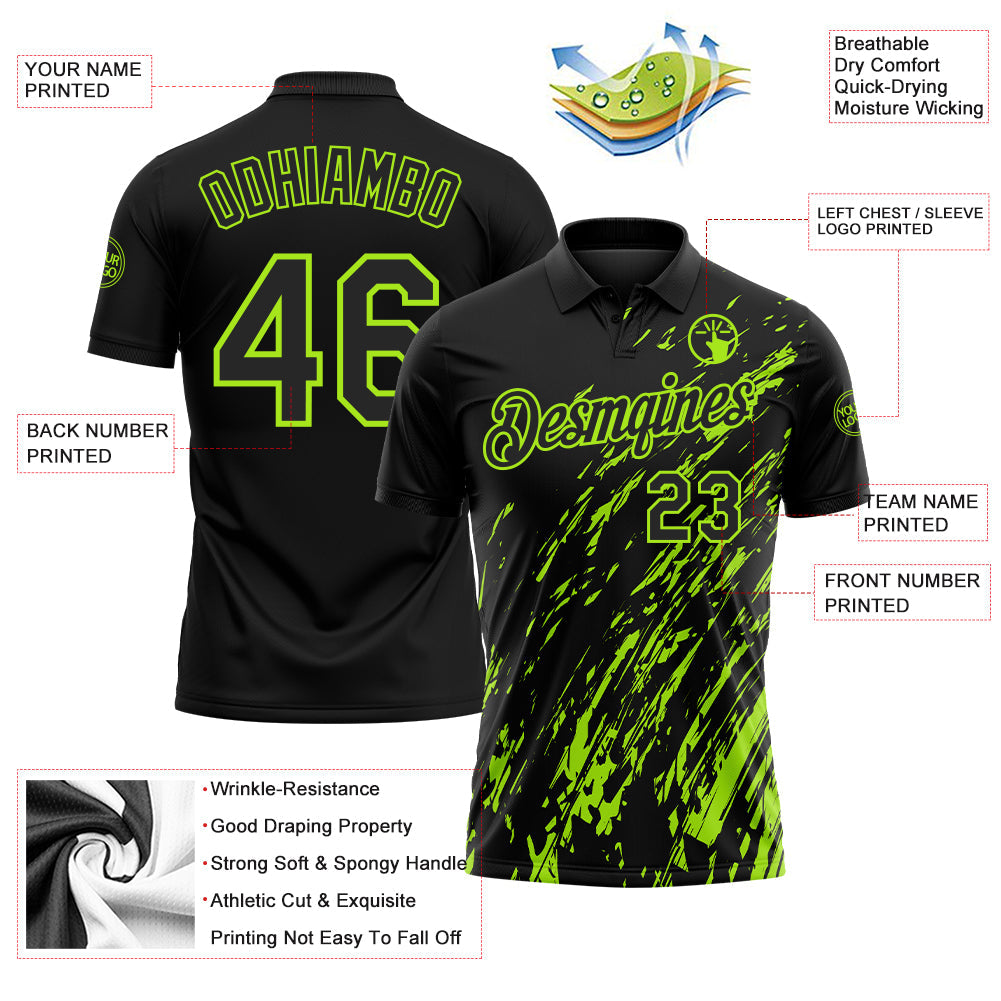Custom Black-Neon Green Paint Stroke Grunge Streak Performance Polo Shirt
