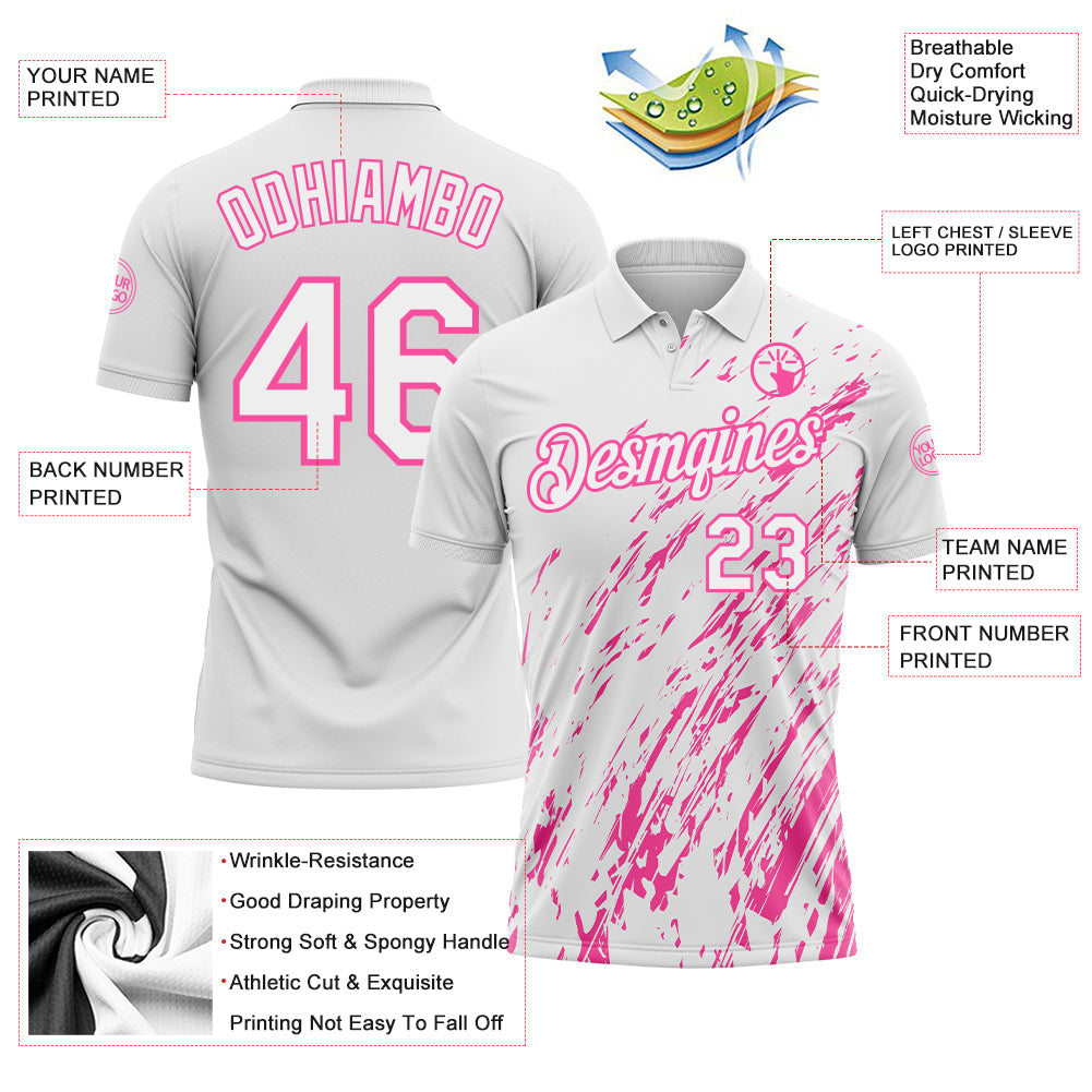 Custom White-Pink Paint Stroke Grunge Streak Performance Polo Shirt