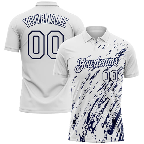 Custom White-Navy Paint Stroke Grunge Streak Performance Polo Shirt