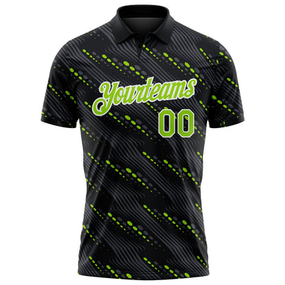 Custom Black Neon Green-White Slant Lines Cyber Mecha Tech Performance Polo Shirt