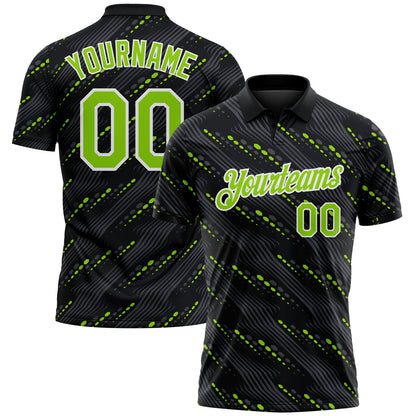 Custom Black Neon Green-White Slant Lines Cyber Mecha Tech Performance Polo Shirt
