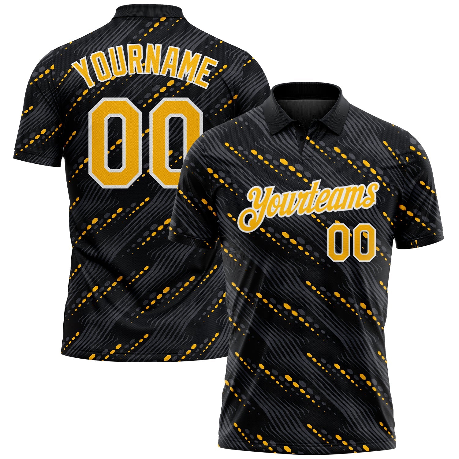 Custom Black Gold-White Slant Lines Cyber Mecha Tech Performance Polo Shirt