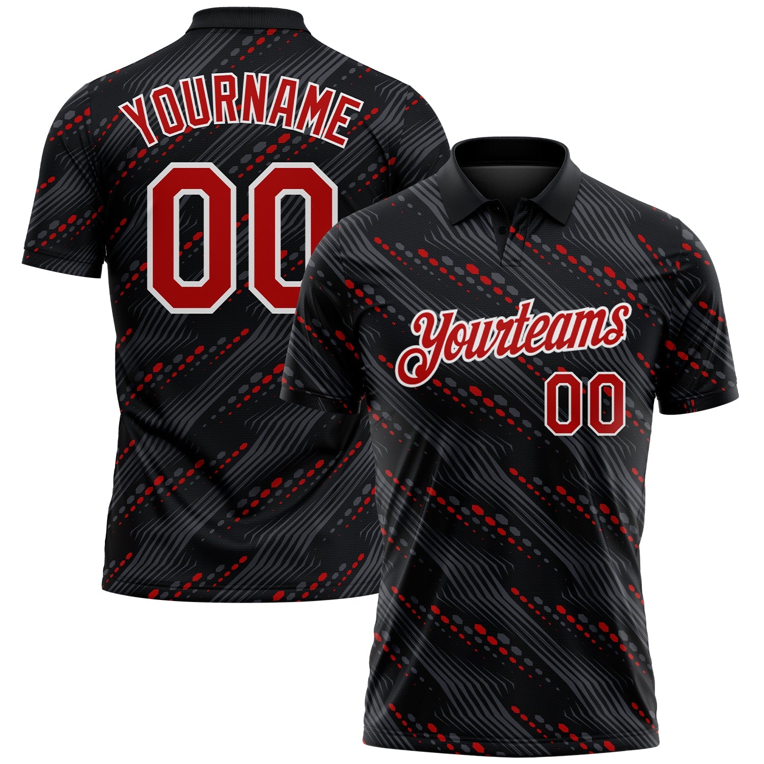 Custom Black Red-White Slant Lines Cyber Mecha Tech Performance Polo Shirt
