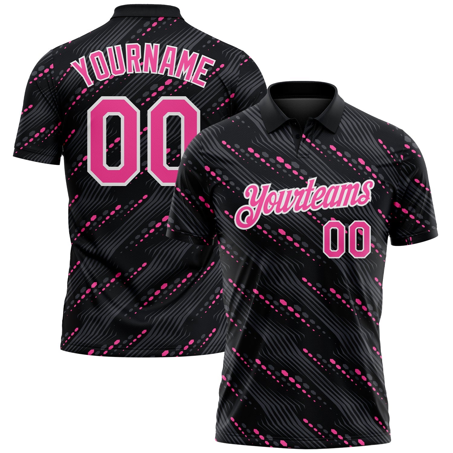 Custom Black Pink-White Slant Lines Cyber Mecha Tech Performance Polo Shirt
