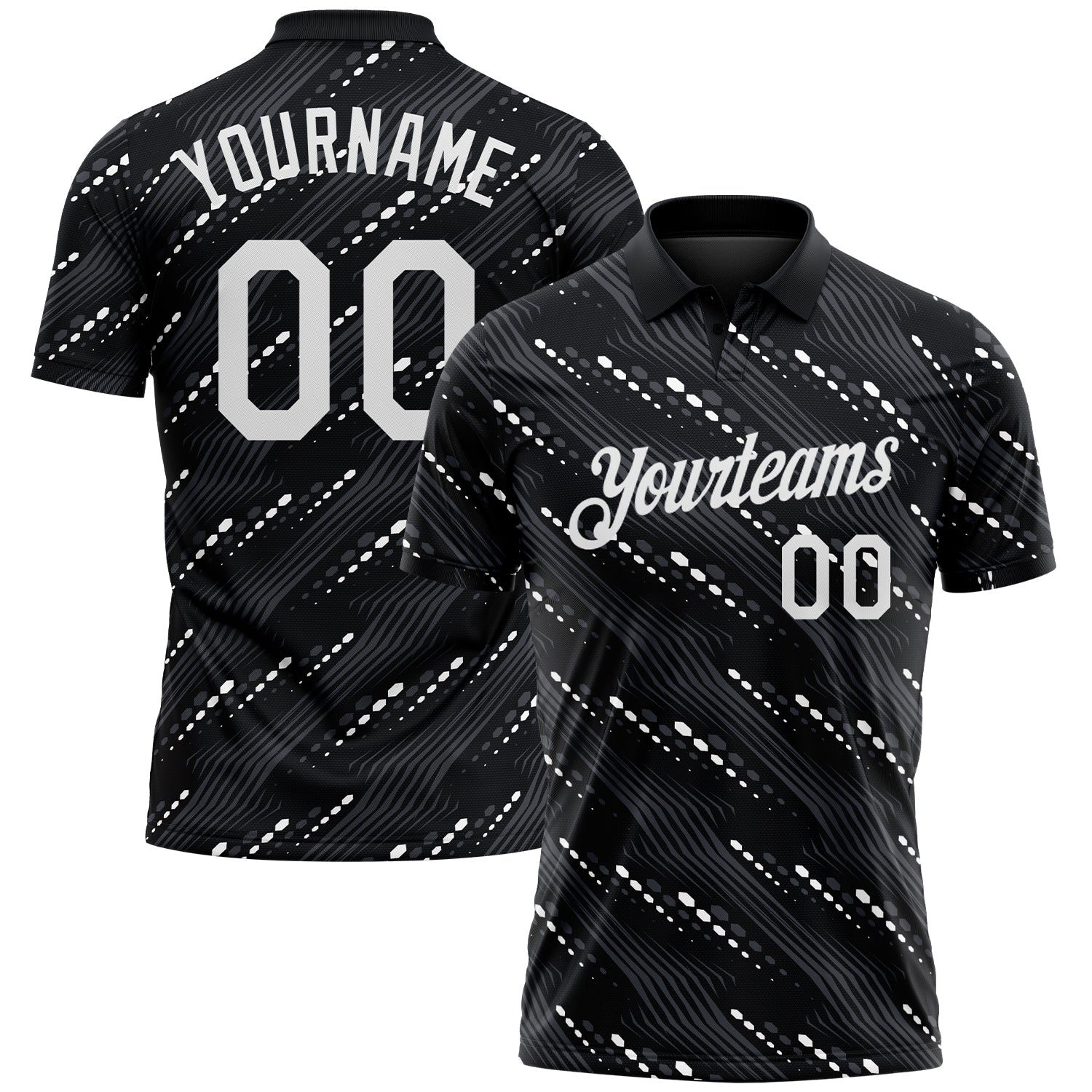 Custom Black-White Slant Lines Cyber Mecha Tech Performance Polo Shirt