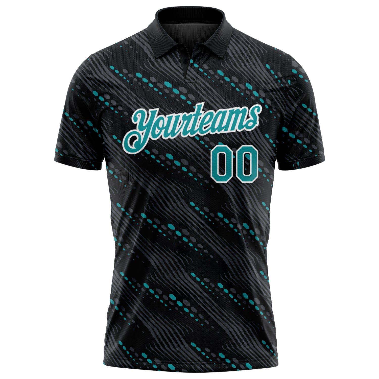 Custom Black Teal-White Slant Lines Cyber Mecha Tech Performance Polo Shirt