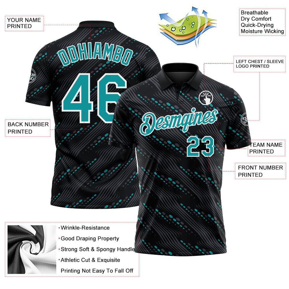 Custom Black Teal-White Slant Lines Cyber Mecha Tech Performance Polo Shirt