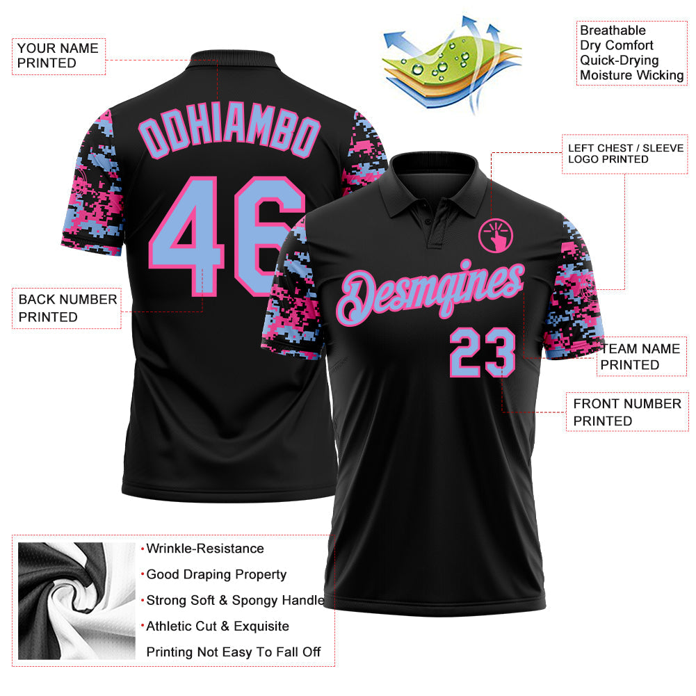 Custom Black Light Blue-Pink Digital Camo Two Tone Performance Polo Shirt