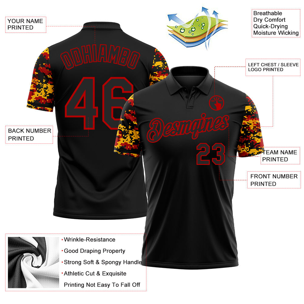 Custom Black Red-Gold Digital Camo Two Tone Performance Polo Shirt