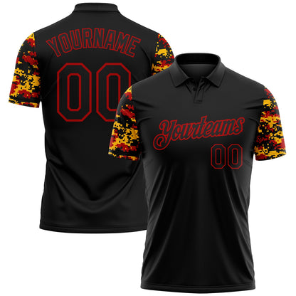 Custom Black Red-Gold Digital Camo Two Tone Performance Polo Shirt