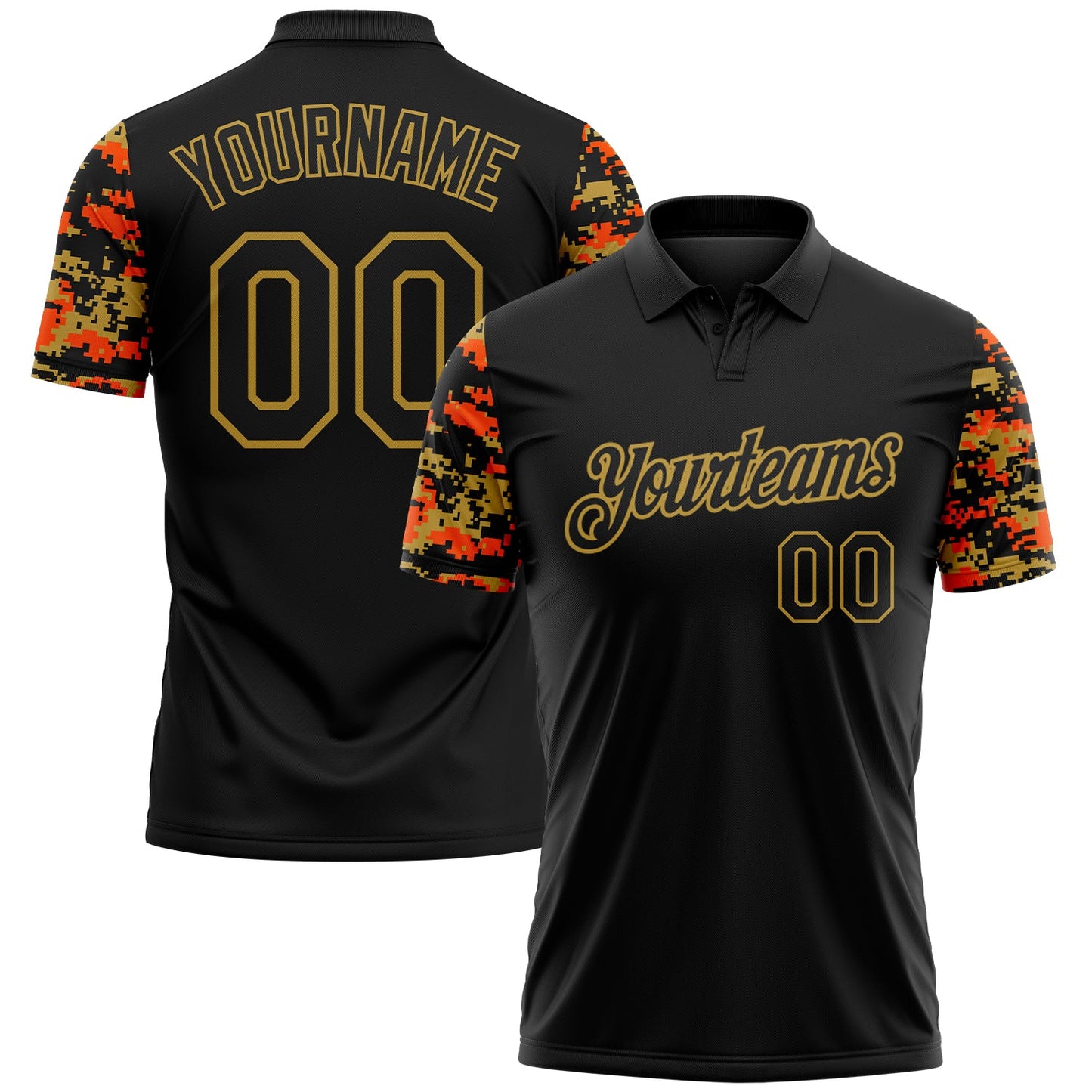 Custom Black Orange-Old Gold Digital Camo Two Tone Performance Polo Shirt