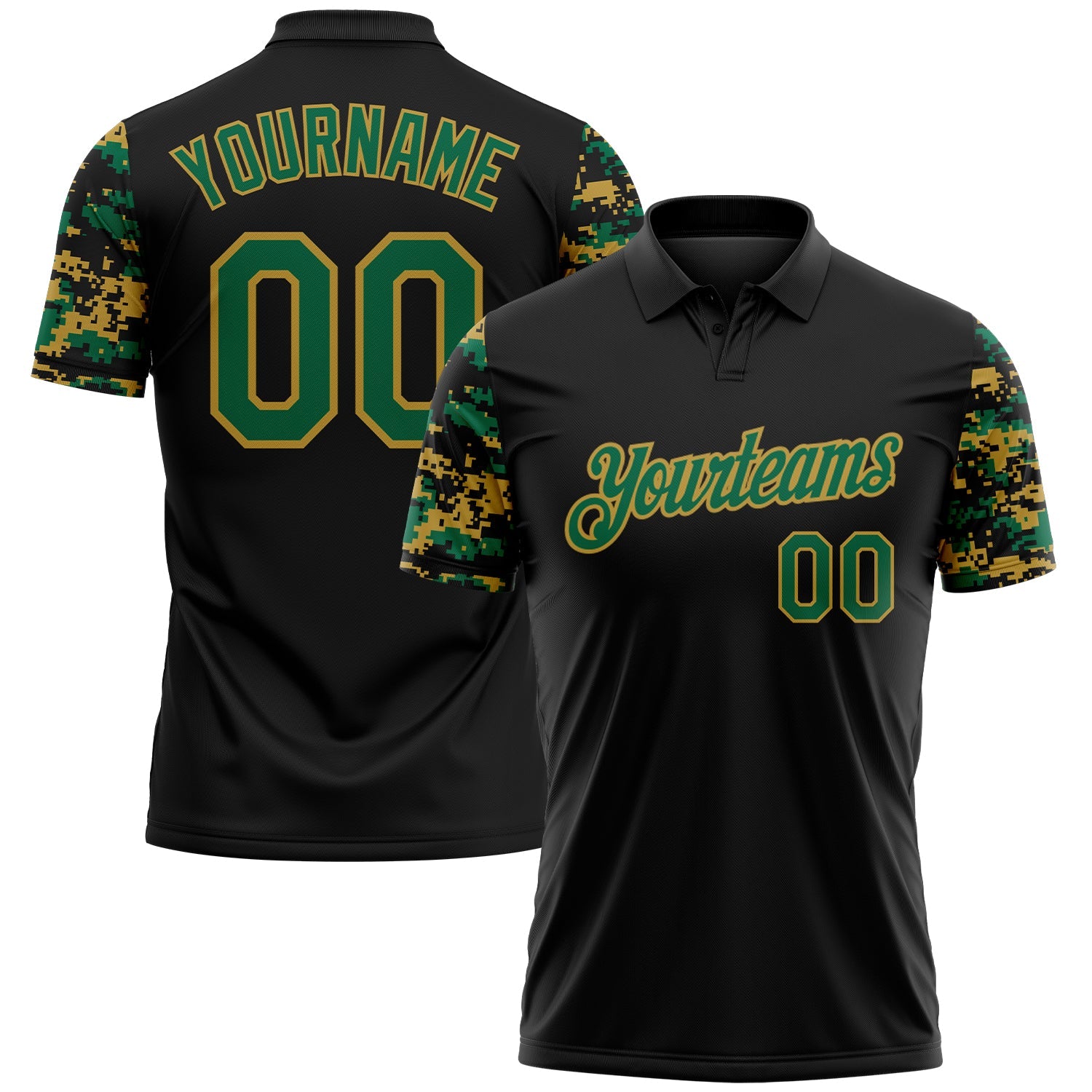 Custom Black Kelly Green-Old Gold Digital Camo Two Tone Performance Polo Shirt