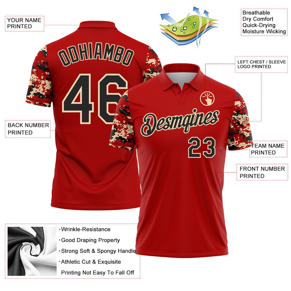 Custom Red Black-Cream Digital Camo Two Tone Performance Polo Shirt