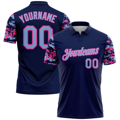 Custom Navy Light Blue-Pink Digital Camo Two Tone Performance Polo Shirt