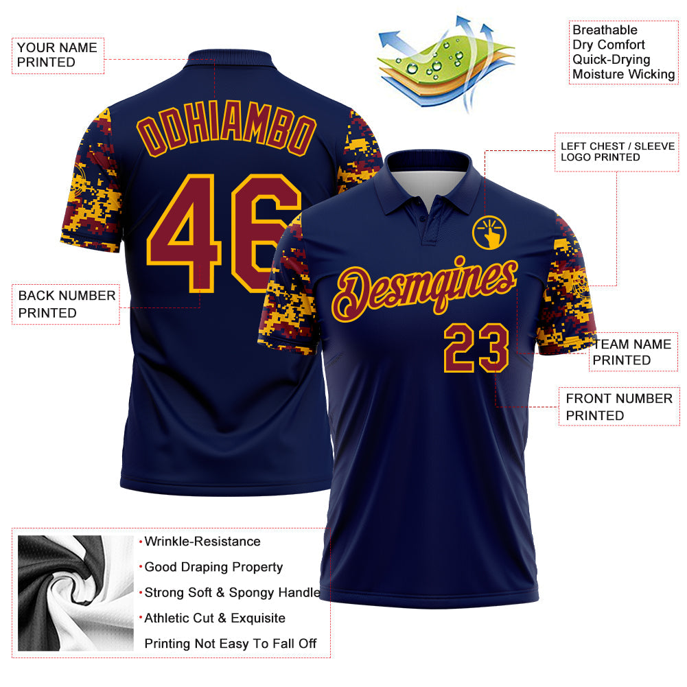 Custom Navy Crimson-Gold Digital Camo Two Tone Performance Polo Shirt
