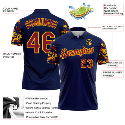 Custom Navy Crimson-Gold Digital Camo Two Tone Performance Polo Shirt