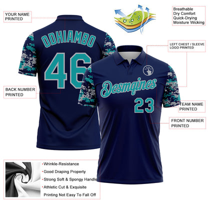 Custom Navy Teal-Gray Digital Camo Two Tone Performance Polo Shirt