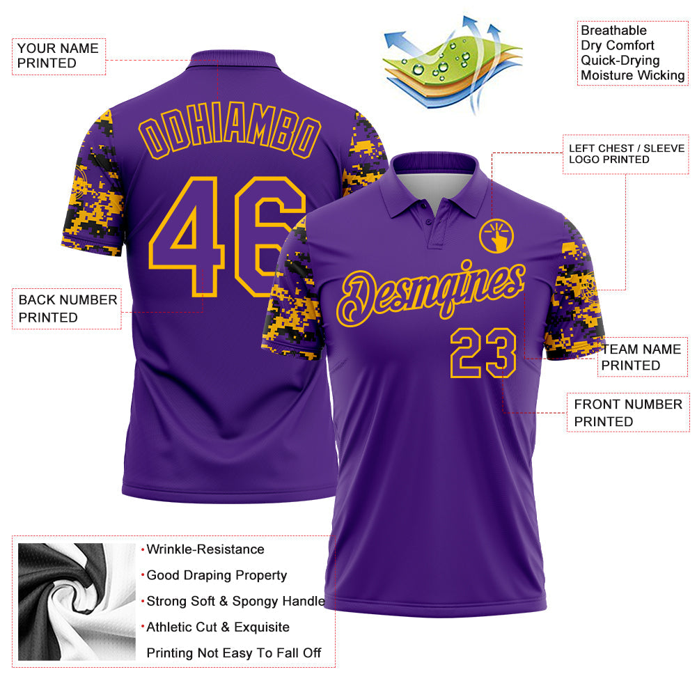 Custom Purple Black-Gold Digital Camo Two Tone Performance Polo Shirt