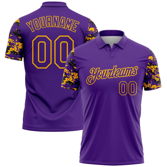 Custom Purple Black-Gold Digital Camo Two Tone Performance Polo Shirt