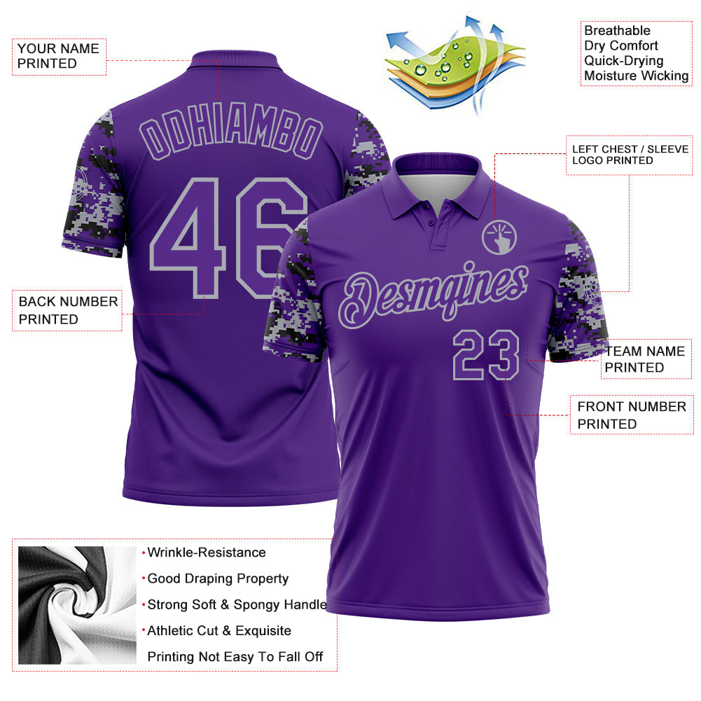 Custom Purple Black-Gray Digital Camo Two Tone Performance Polo Shirt